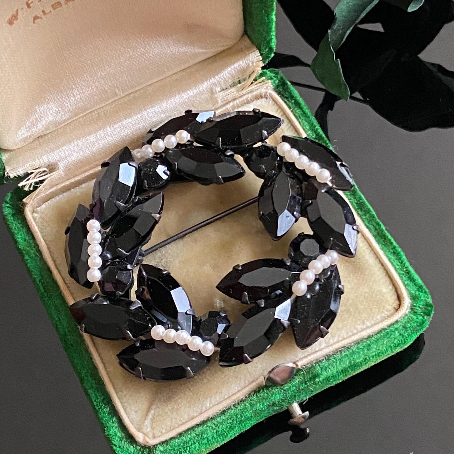 Vintage Jet Glass Pearl Bead Wreath Brooch