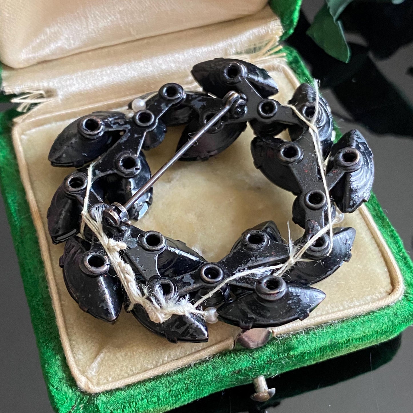 Vintage Jet Glass Pearl Bead Wreath Brooch