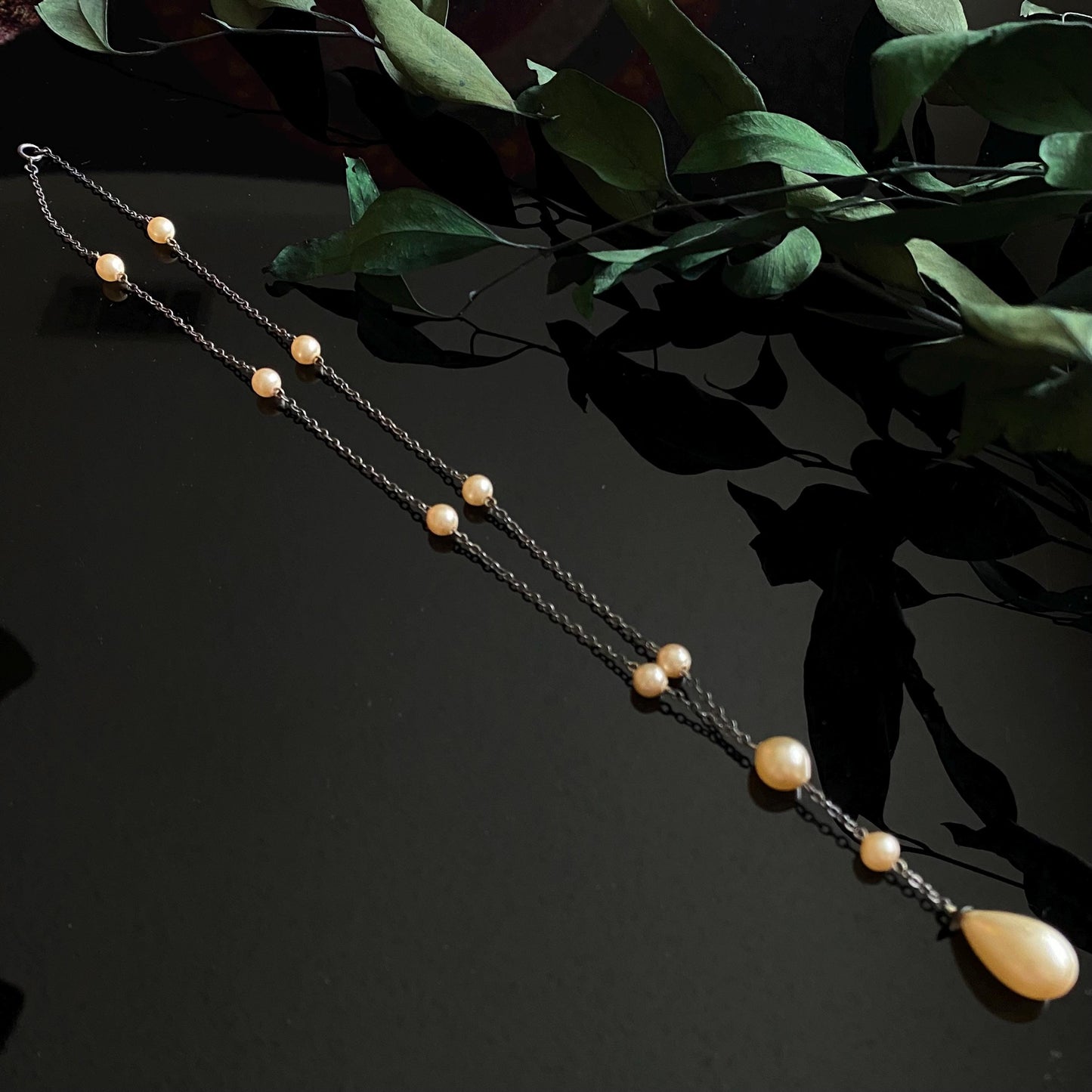 Antique Vintage Sterling Silver Glass Pearl Drop Necklace 16"