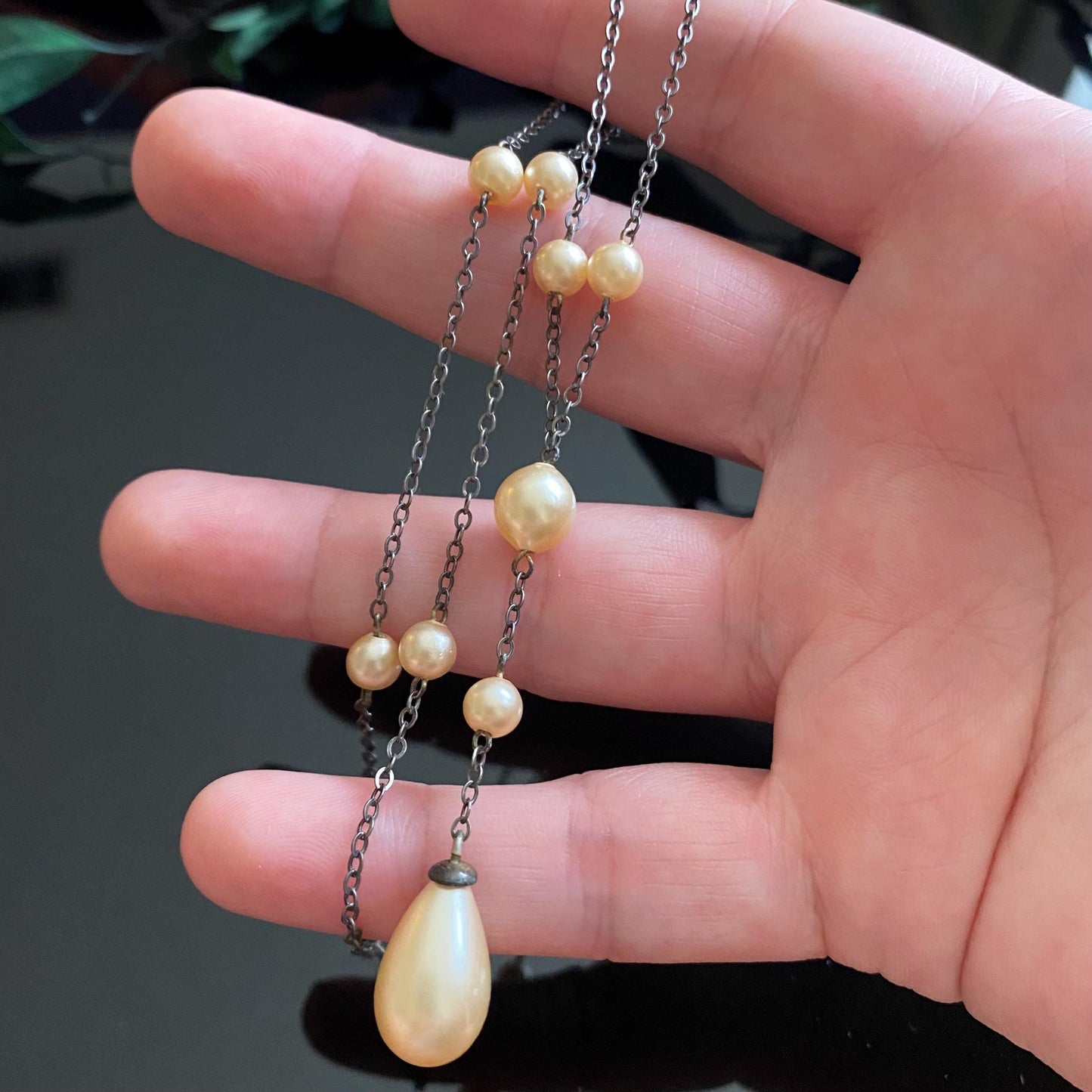 Antique Vintage Sterling Silver Glass Pearl Drop Necklace 16"