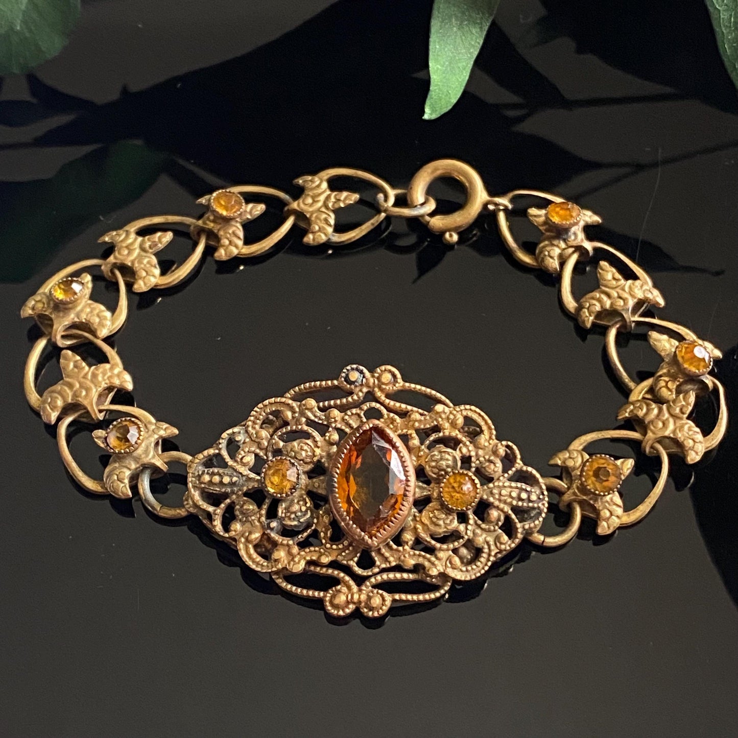 Antique Vintage Art Deco Orange Czech Glass Filigree Bracelet