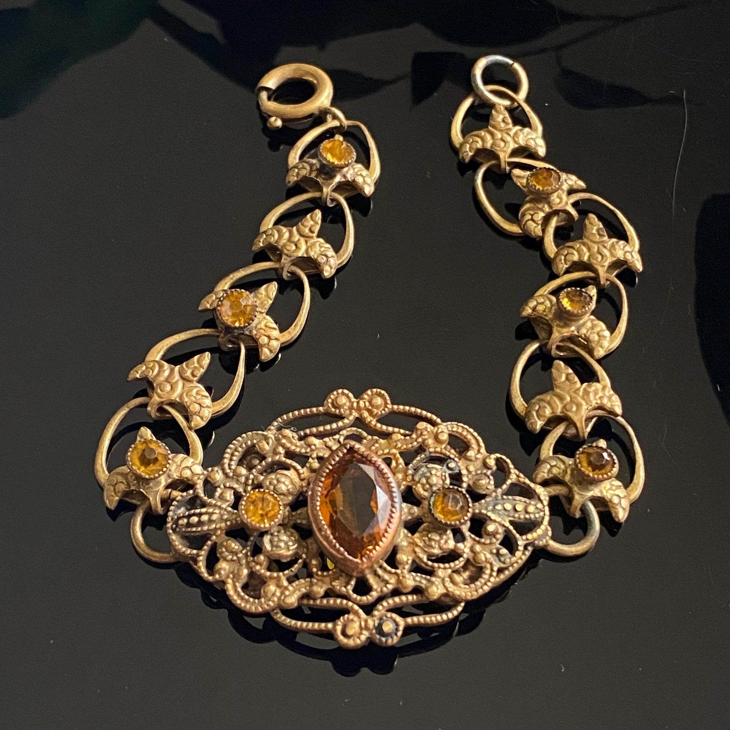 Antique Vintage Art Deco Orange Czech Glass Filigree Bracelet