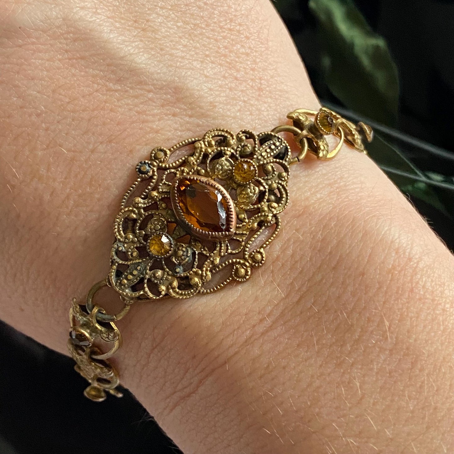 Antique Vintage Art Deco Orange Czech Glass Filigree Bracelet
