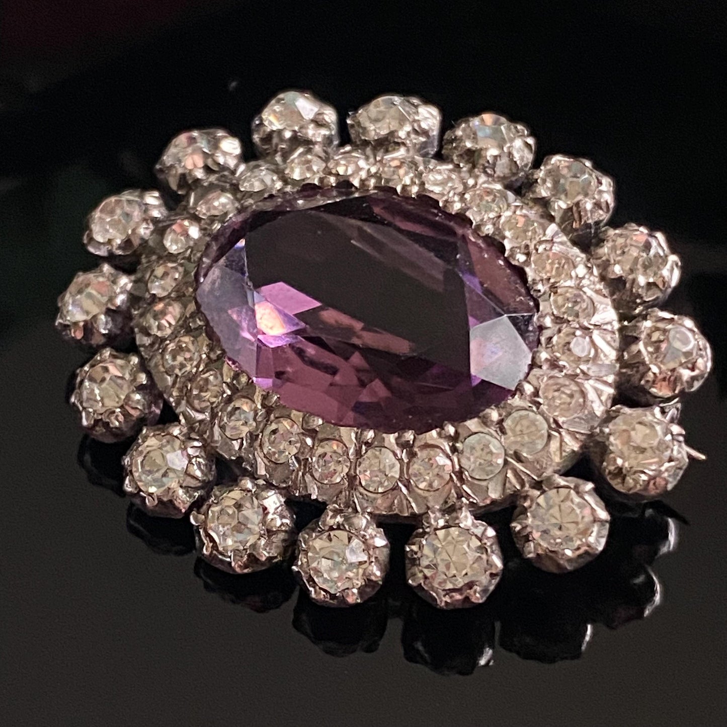 Antique Silver Oval Paste Amethyst Glass Brooch
