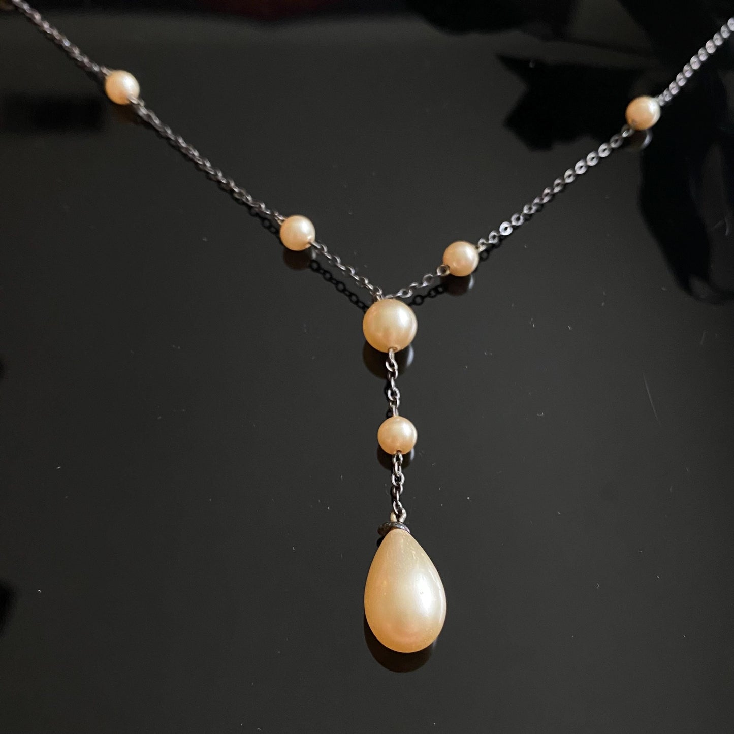 Antique Vintage Sterling Silver Glass Pearl Drop Necklace 16"