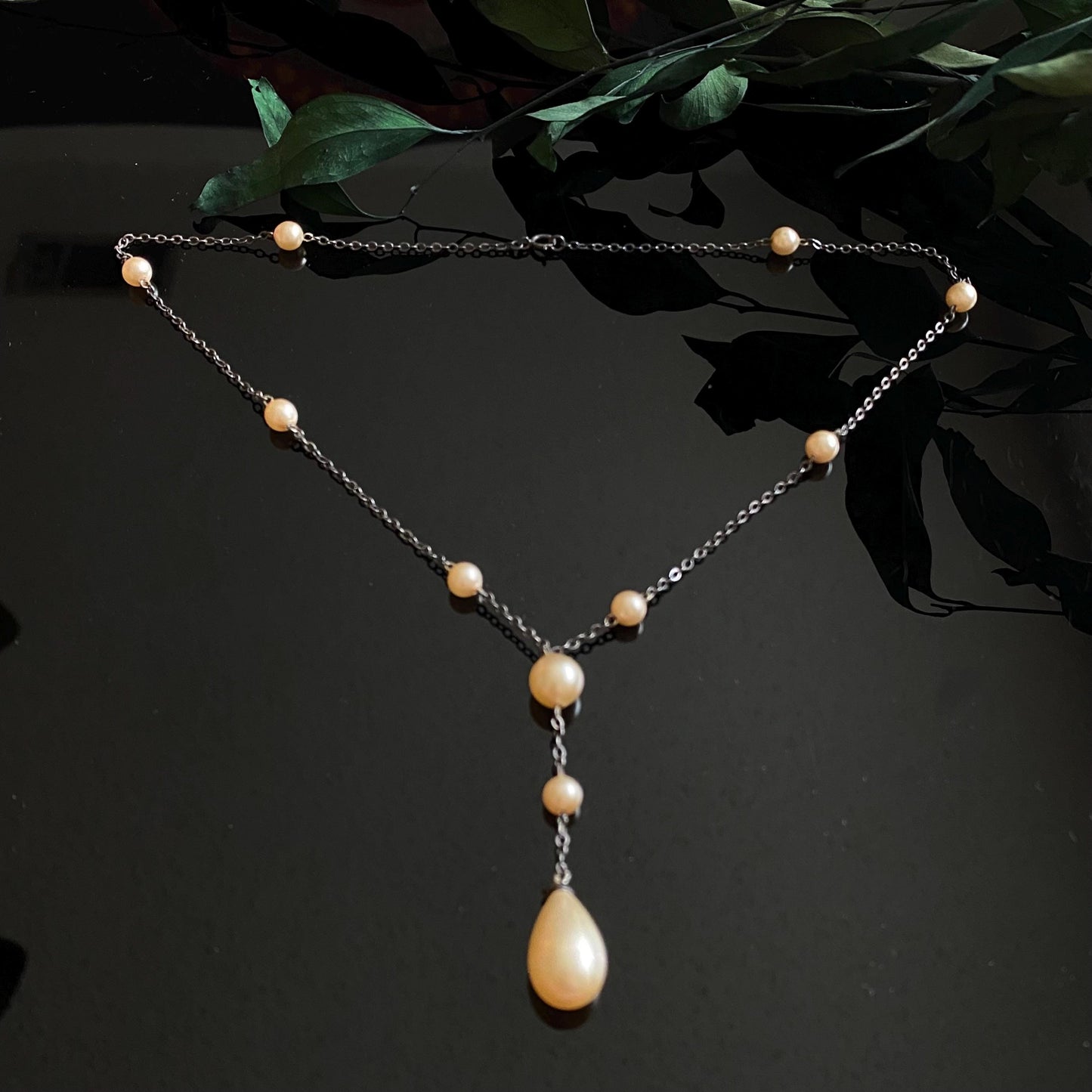 Antique Vintage Sterling Silver Glass Pearl Drop Necklace 16"