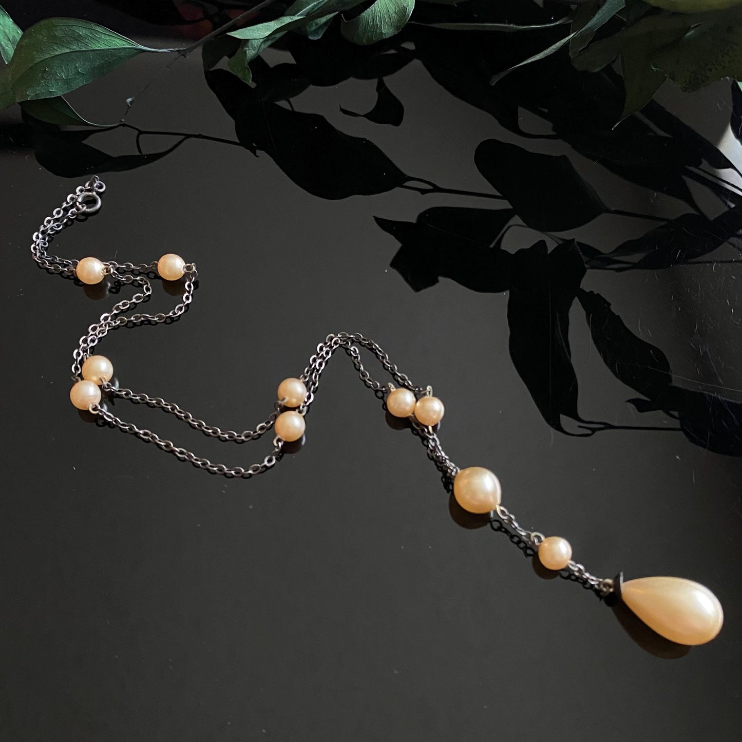 Antique Vintage Sterling Silver Glass Pearl Drop Necklace 16"