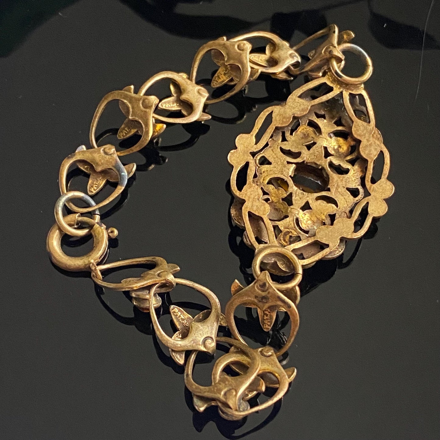 Antique Vintage Art Deco Orange Czech Glass Filigree Bracelet