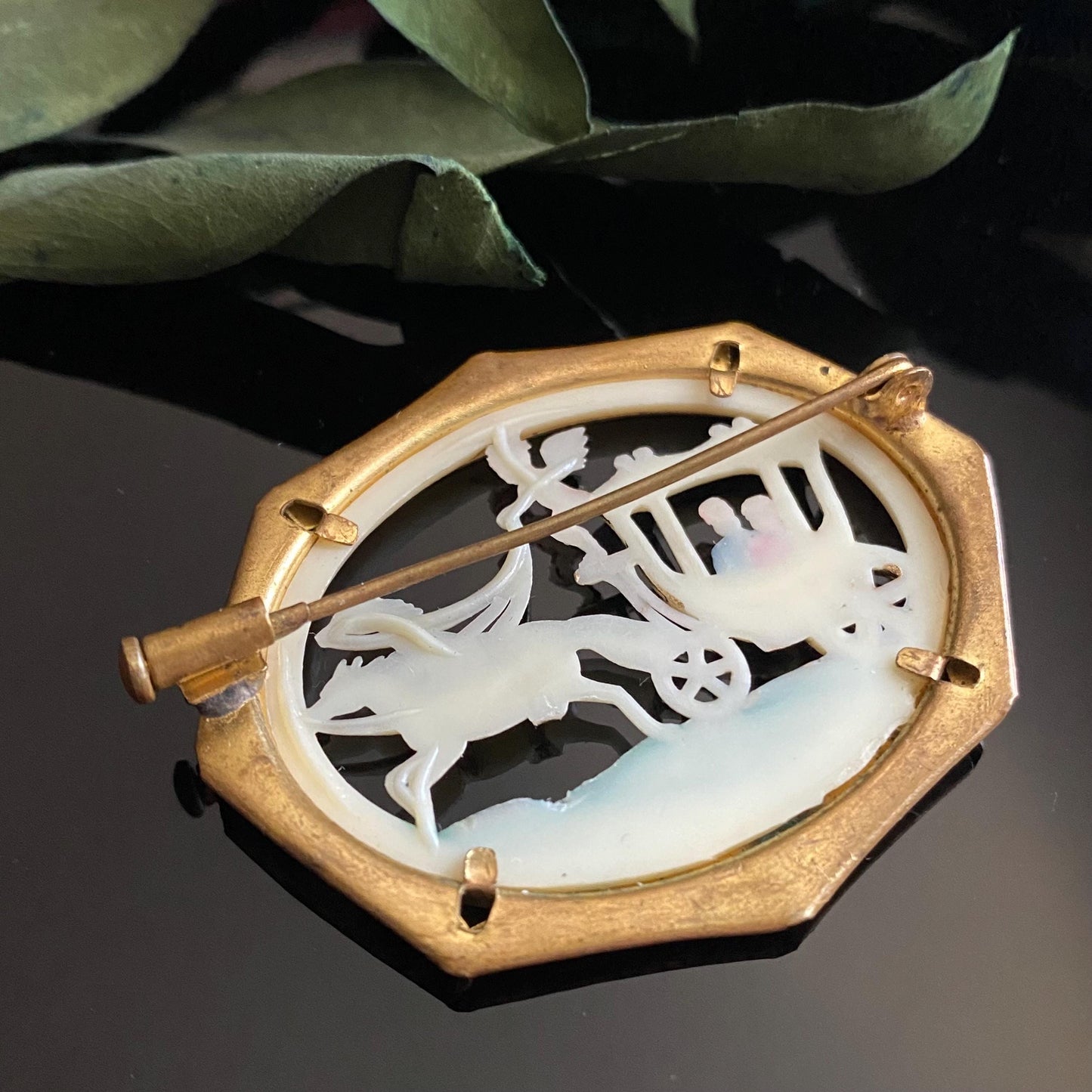 Antique Celluloid Lover's Chariot Brass Frame Brooch