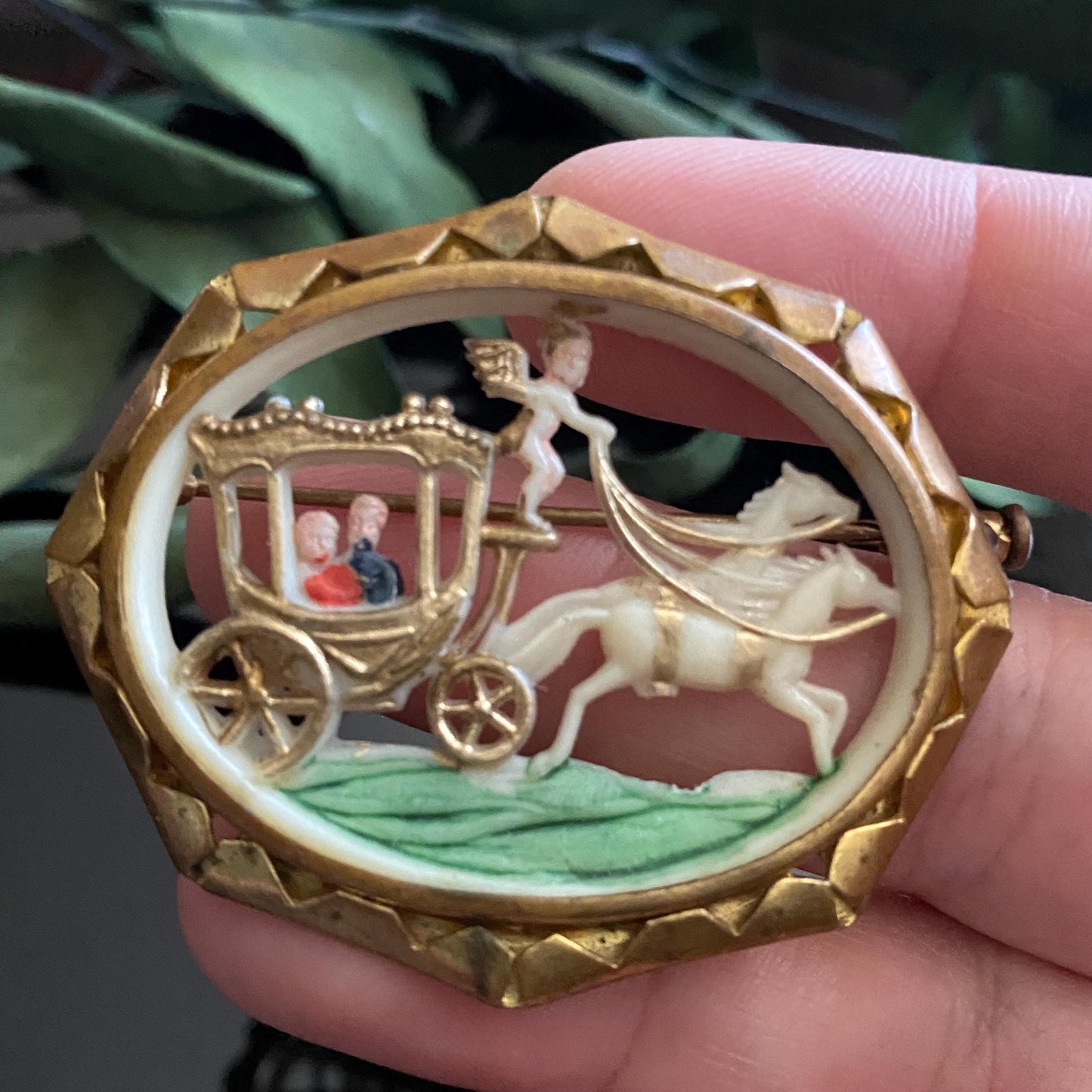 Antique Celluloid Lover's Chariot Brass Frame Brooch