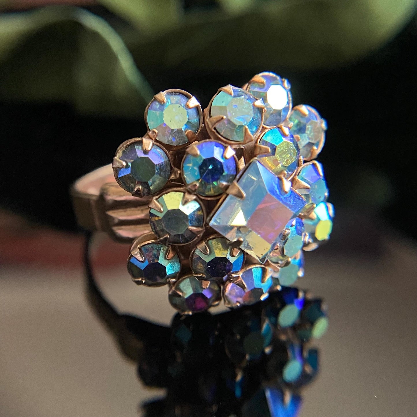 Vintage Blue AB Crystal Cluster Ring Adjustable
