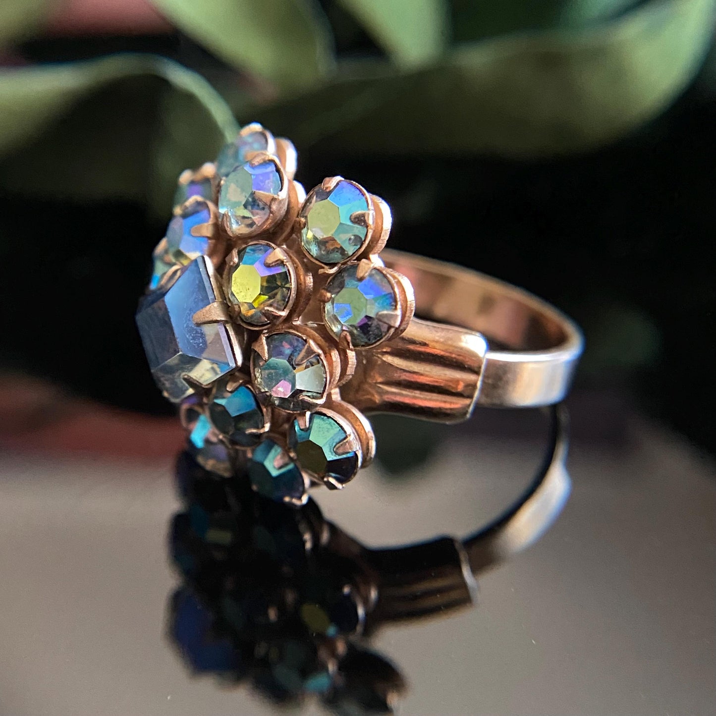 Vintage Blue AB Crystal Cluster Ring Adjustable