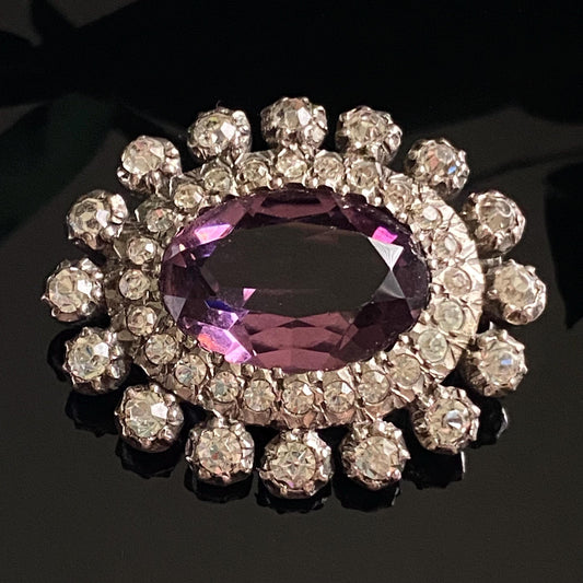 Antique Silver Oval Paste Amethyst Glass Brooch