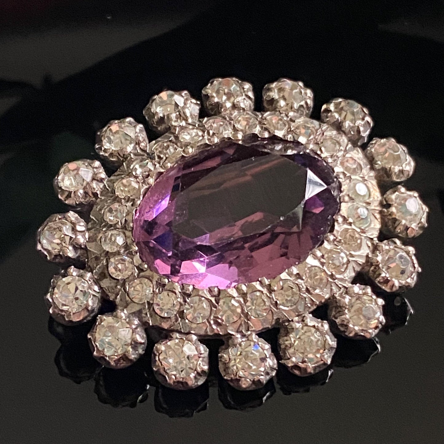 Antique Silver Oval Paste Amethyst Glass Brooch
