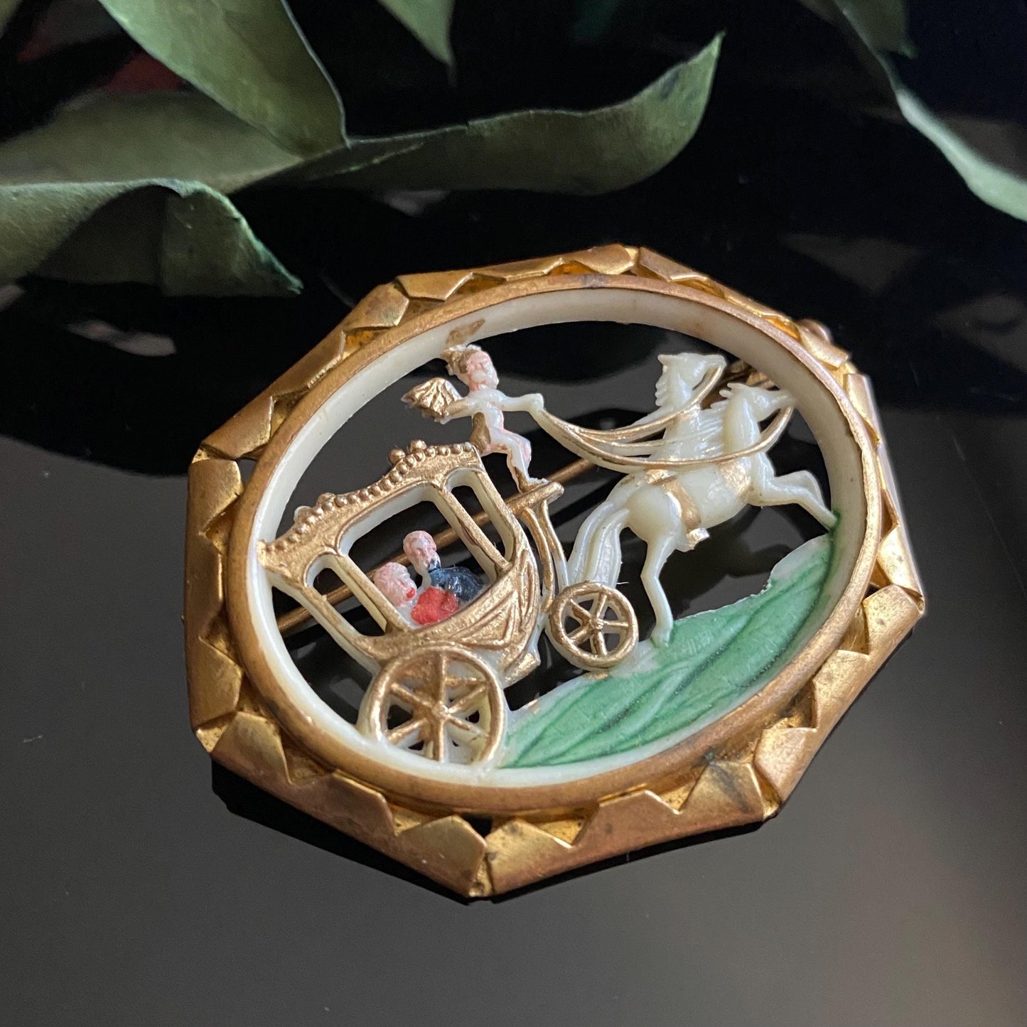 Antique Celluloid Lover's Chariot Brass Frame Brooch
