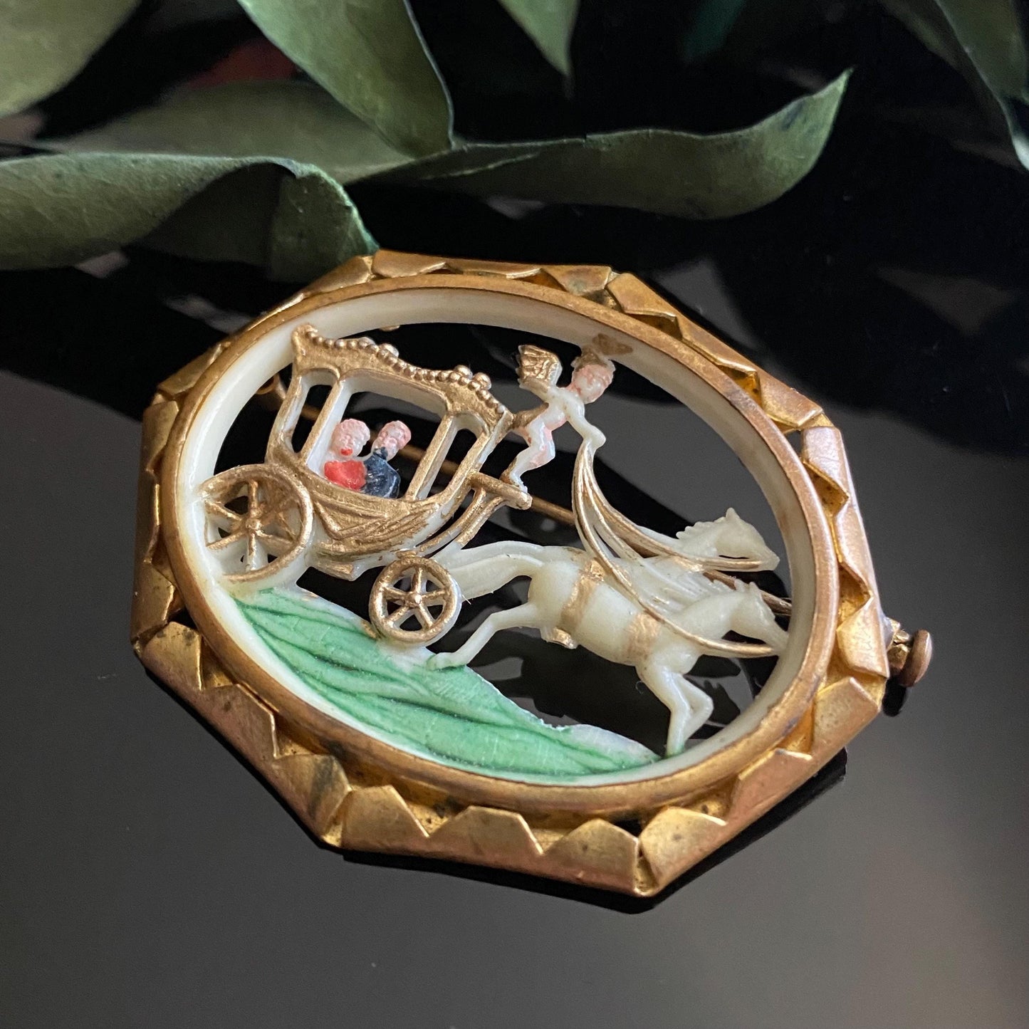 Antique Celluloid Lover's Chariot Brass Frame Brooch