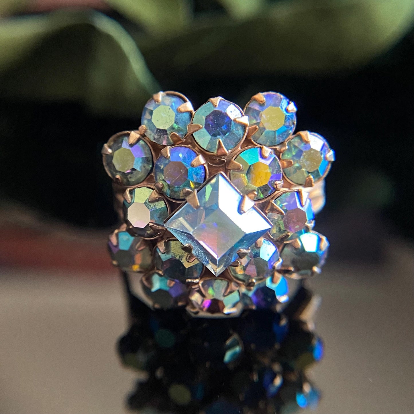 Vintage Blue AB Crystal Cluster Ring Adjustable