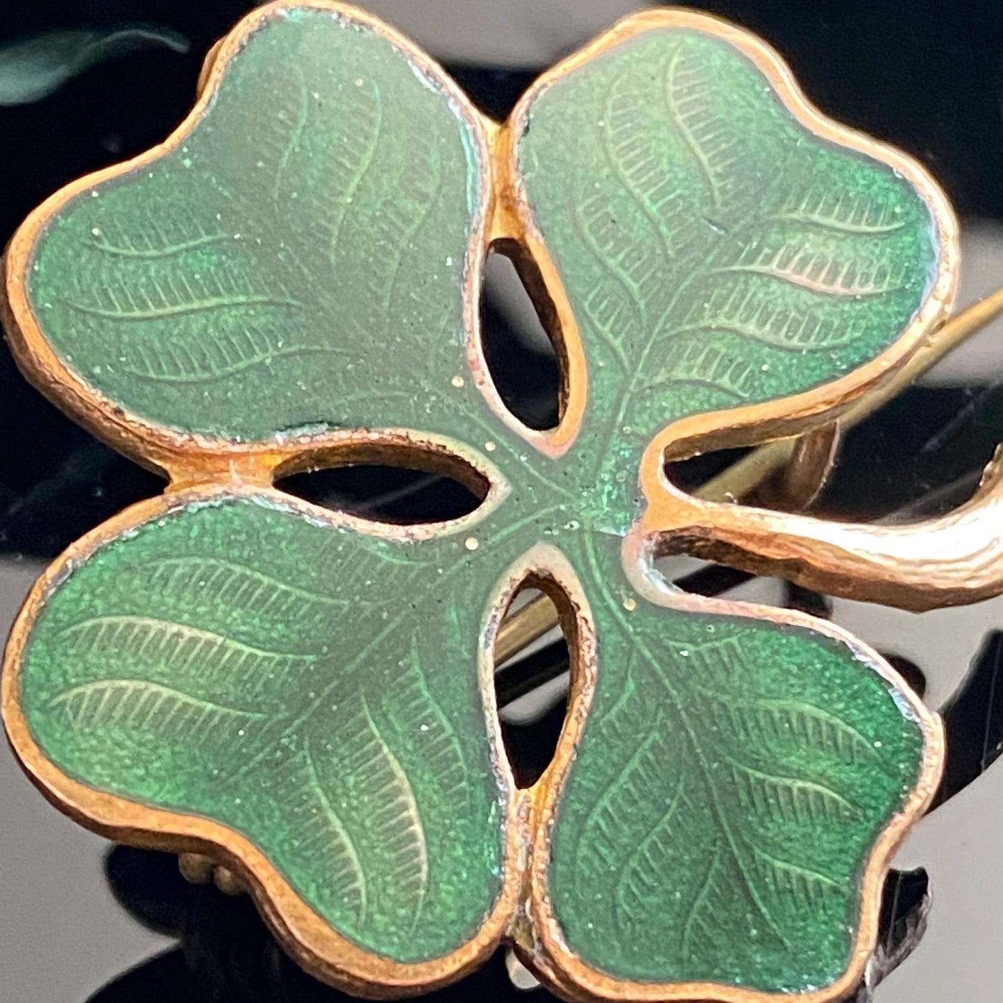 Antique Green Guilloche Enamel Lucky Four Leaf Clover Pin Brooch