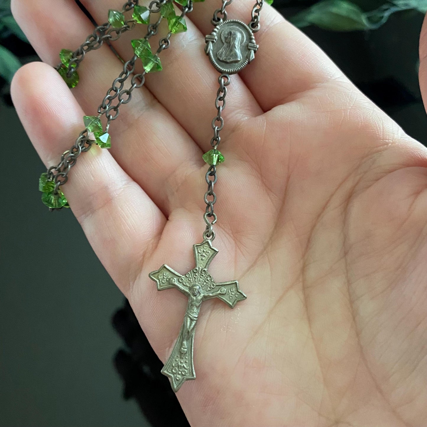Vintage Art Deco Sterling Silver Green Crystal Rosary