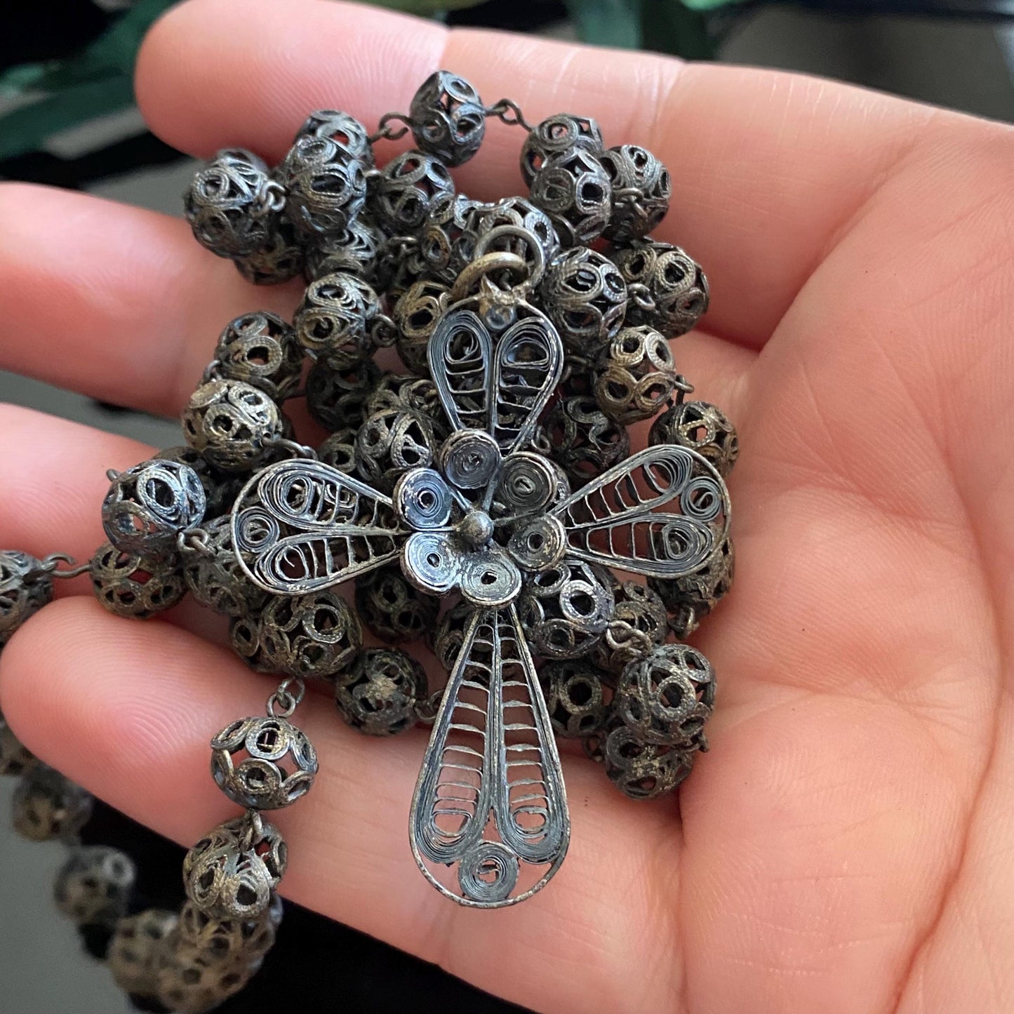 Antique Vintage Sterling Silver Filigree Bead Cross Rosary