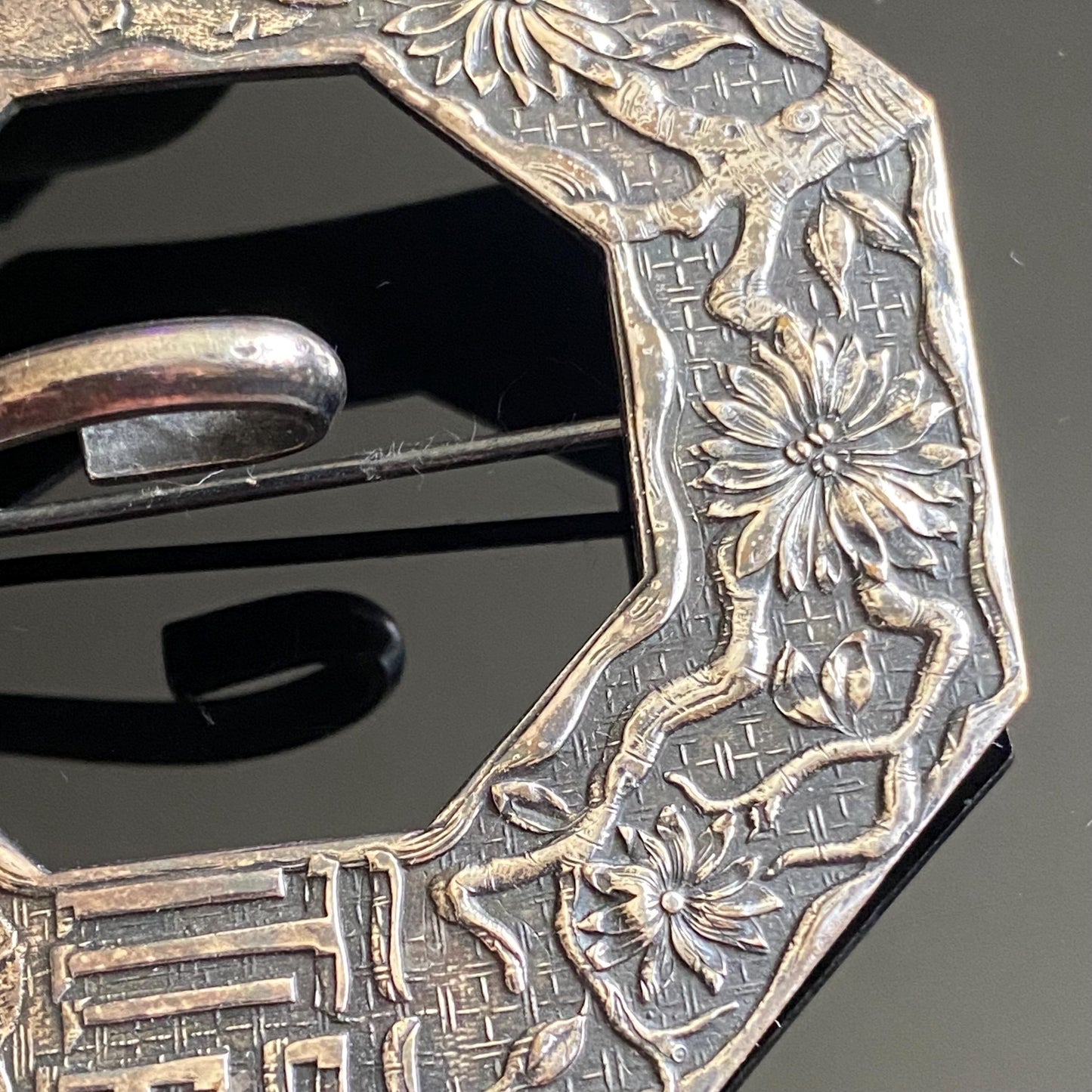 Antique Asian Village Landscape Cherry Blossom Sash Pin Buckle Brooch