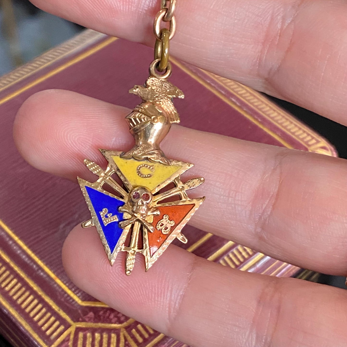 Antique Gold Filled Knights of Pythias FBC Skull Enamel Fob Charm With Short Chain