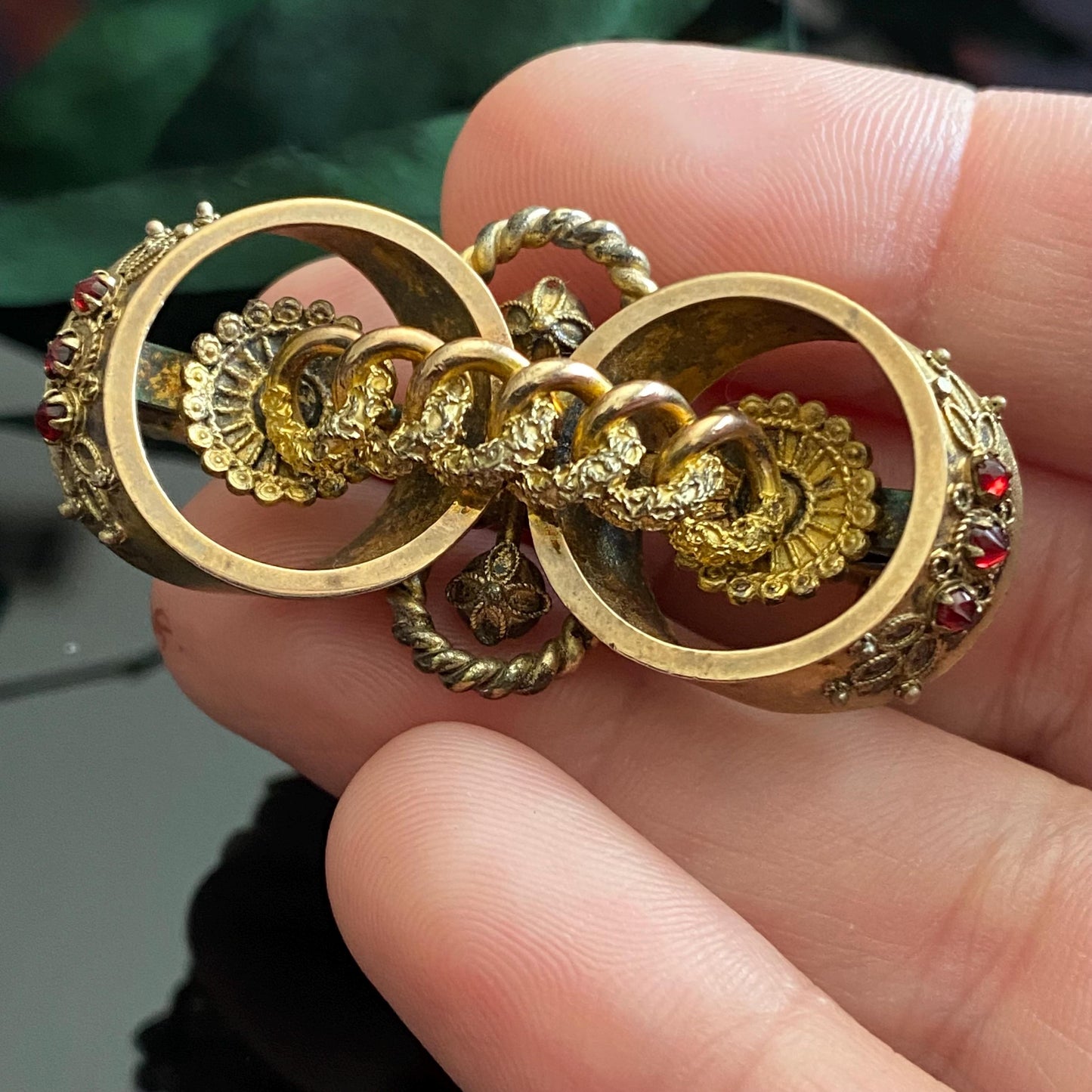 Vintage Victorian Revival Red Paste Etruscan Double Circle Brooch