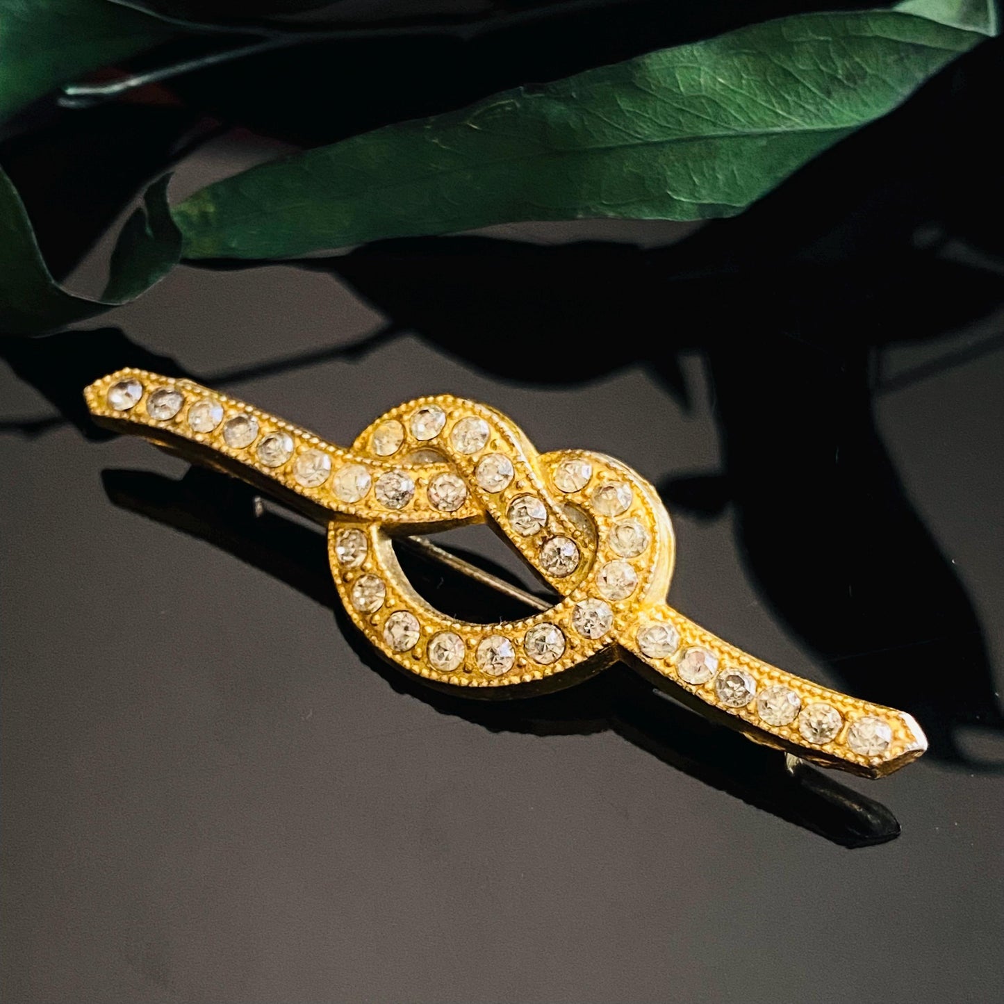 Vintage Goody Knot Rhinestone Bar Pin Brooch