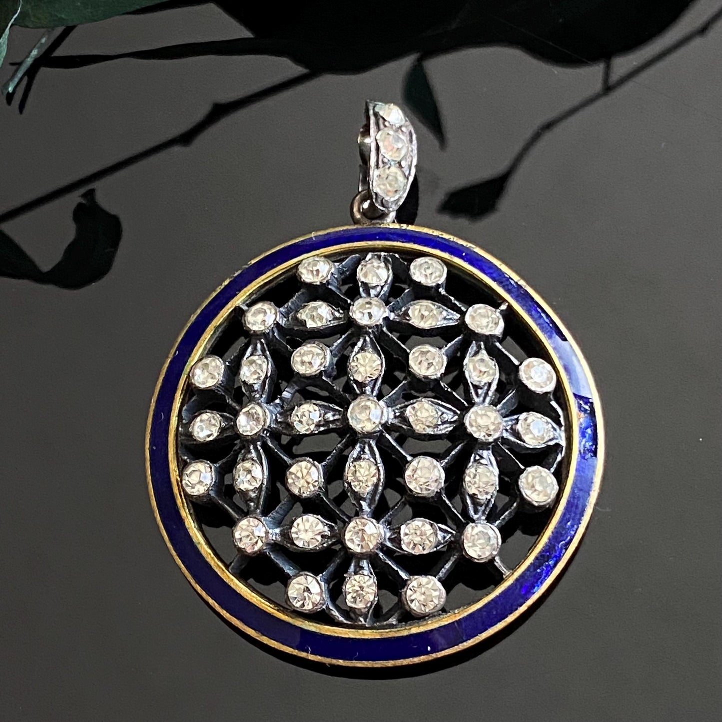 Antique Sterling Silver Blue Enamel Round Paste Cluster Pendant