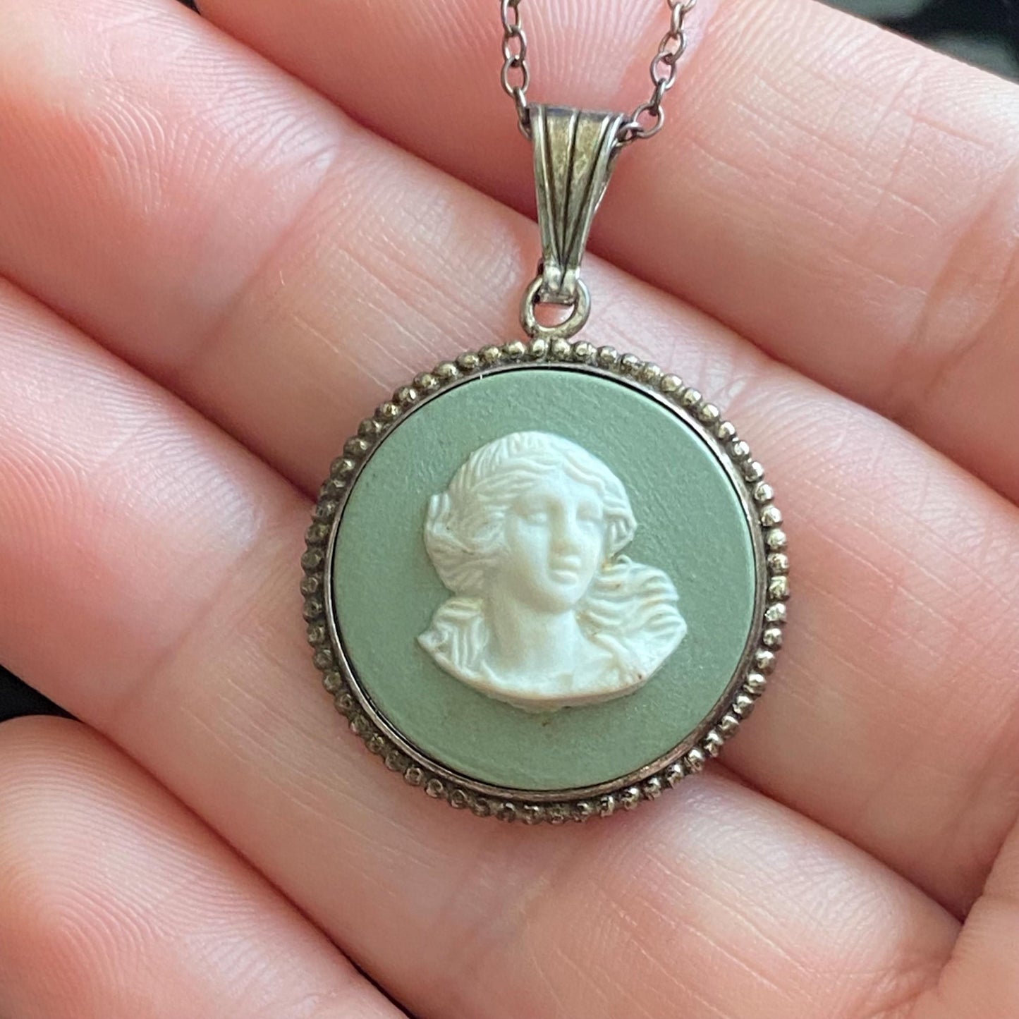 Vintage 925 Sterling Silver Sage Green Wedgewood Jasperware Muse Cameo Pendant With Chain