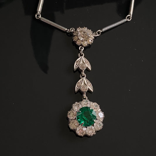 Antique Art Deco Emerald Paste Flower Drop Chain Necklace 17"