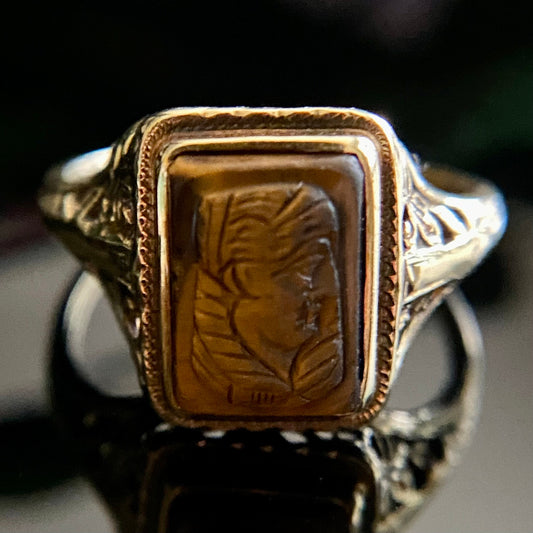 14k Gold Art Deco Filigree Tiger's Eye Cameo Ring Size 6.5