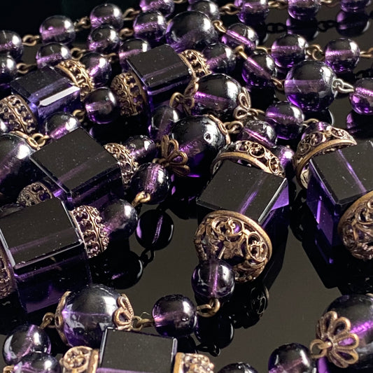 Antique Art Deco Purple Czech Bohemian Glass Cube Round Bead Necklace 38"