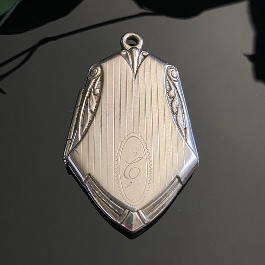 Antique Art Deco Silver Plated Shield Pinstripe Repousse Monogram E Locket