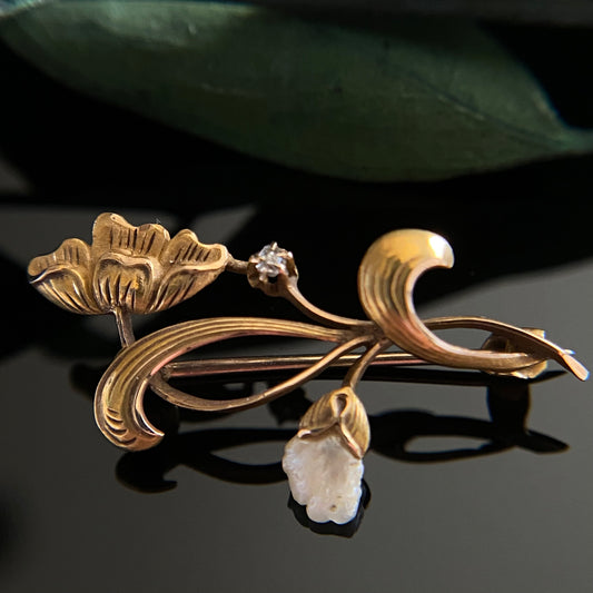 Antique 10k Gold Pearl & Mine Cut Diamond Art Nouveau Flower Pin Brooch