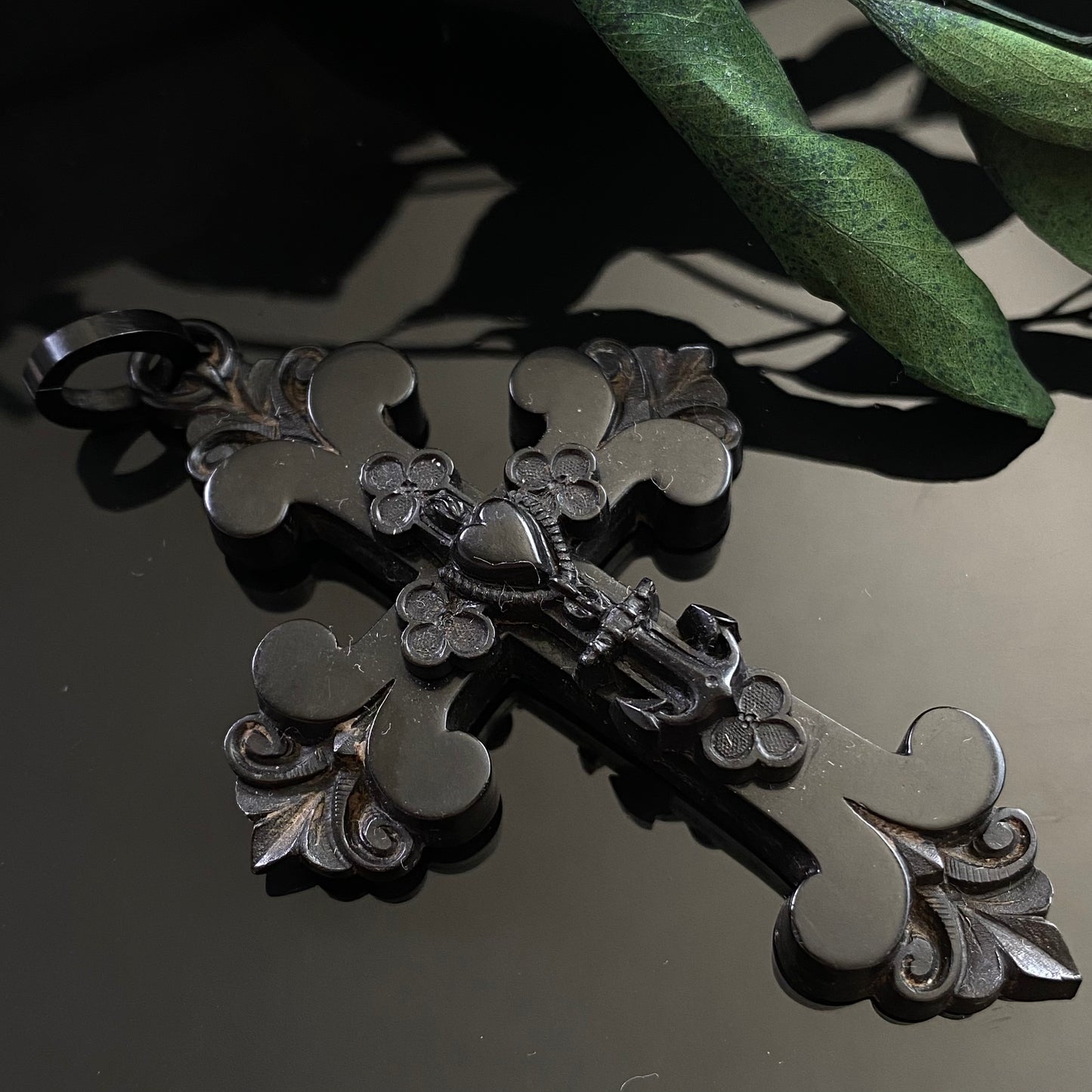 Victorian Faith, Hope & Charity Vulcanite Mourning Cross Pendant