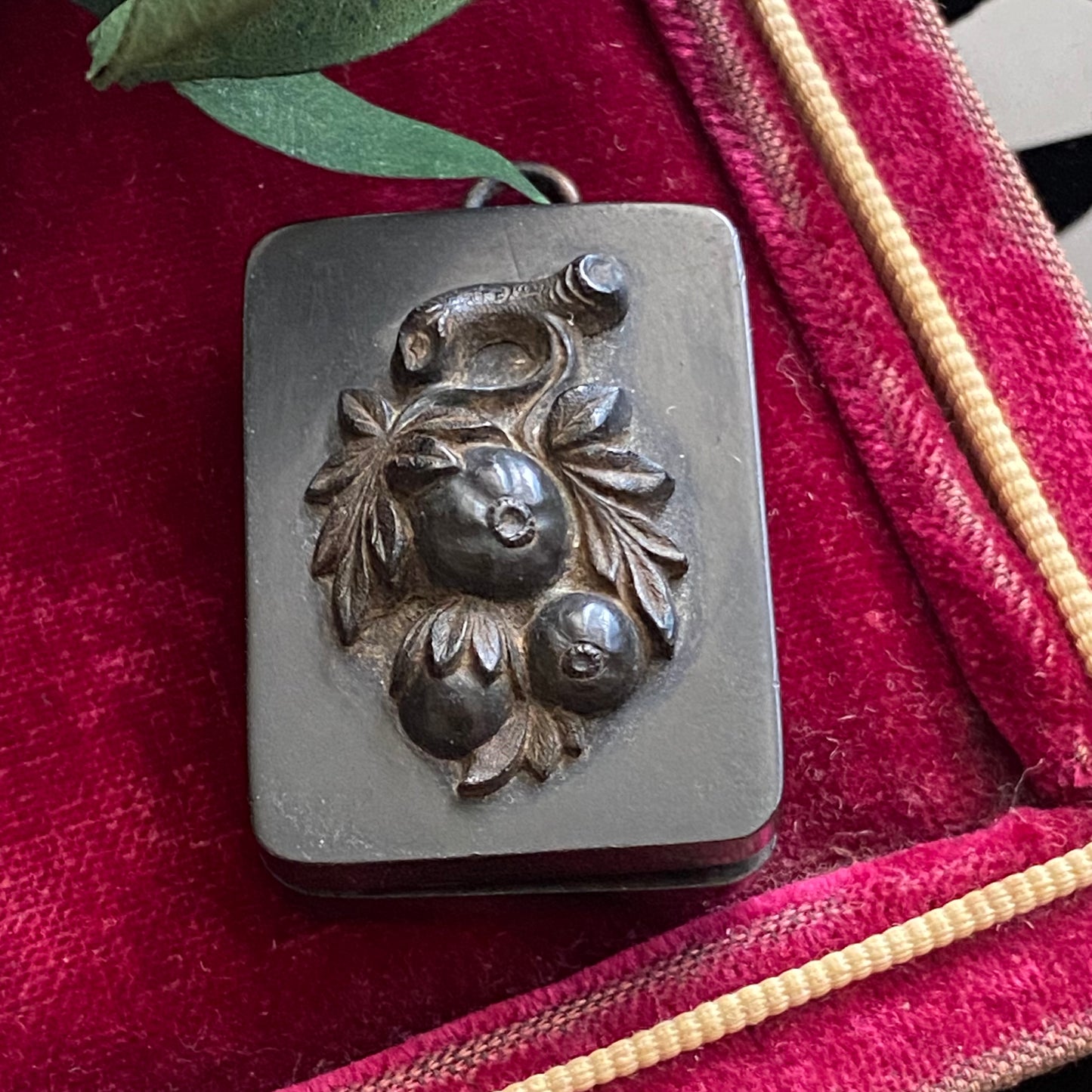 Antique Victorian Vulcanite Rectangular Pomegranate Mourning Locket