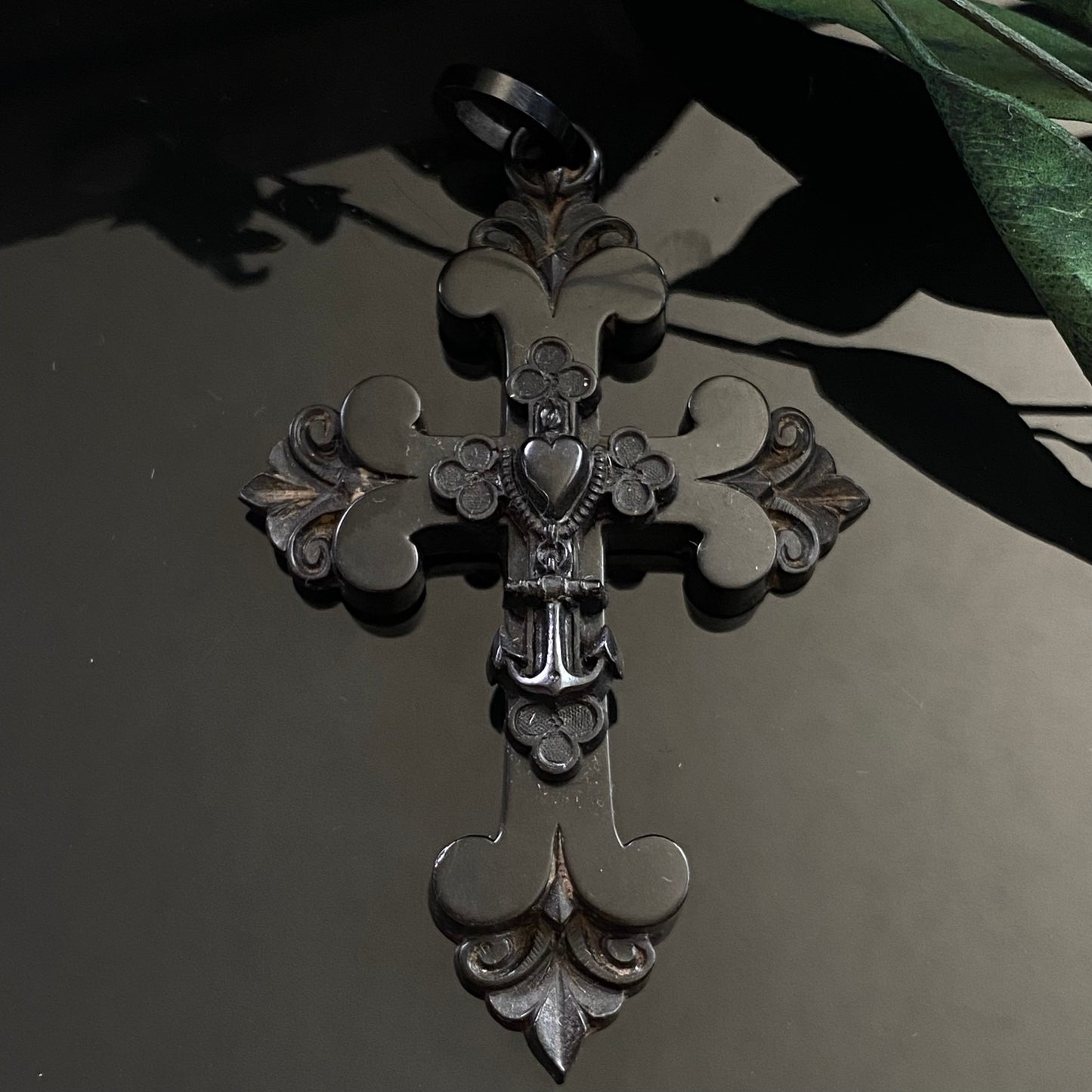 Victorian Faith, Hope & Charity Vulcanite Mourning Cross Pendant