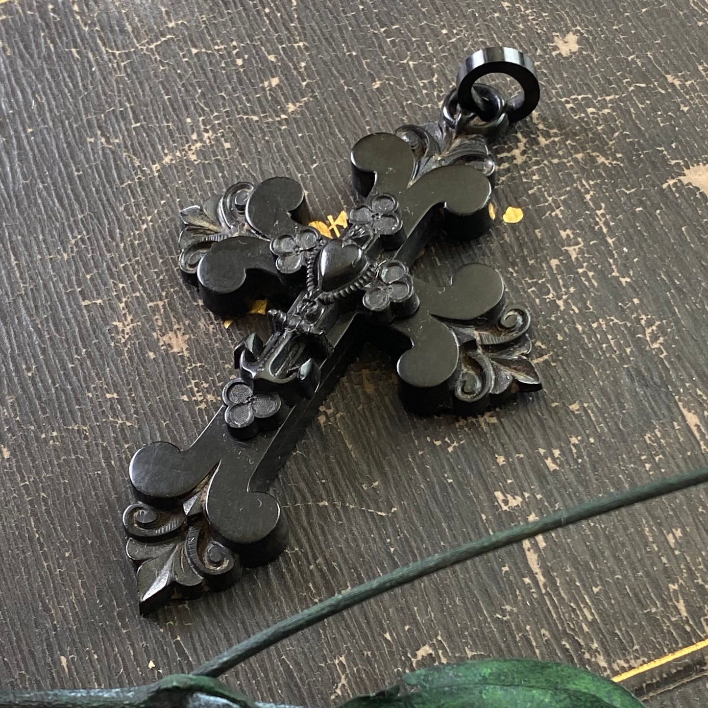 Victorian Faith, Hope & Charity Vulcanite Mourning Cross Pendant