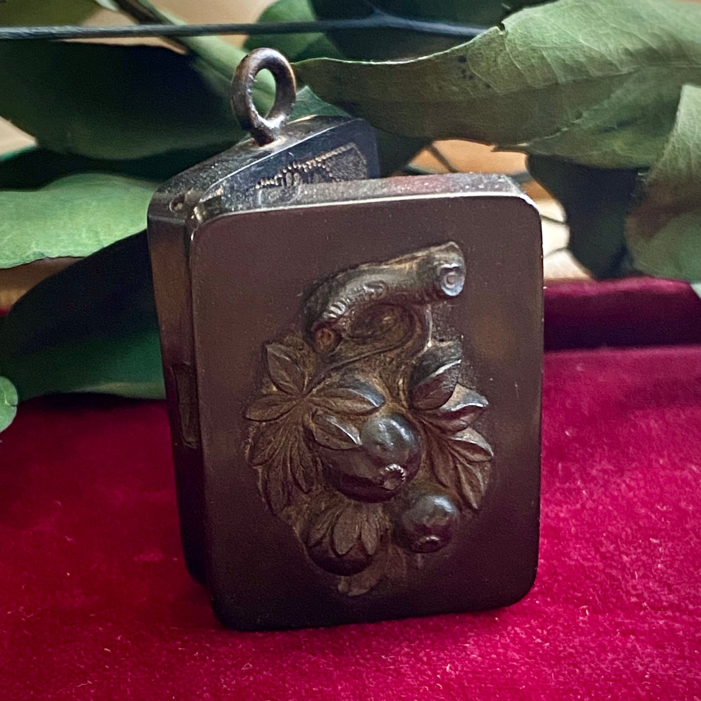 Antique Victorian Vulcanite Rectangular Pomegranate Mourning Locket