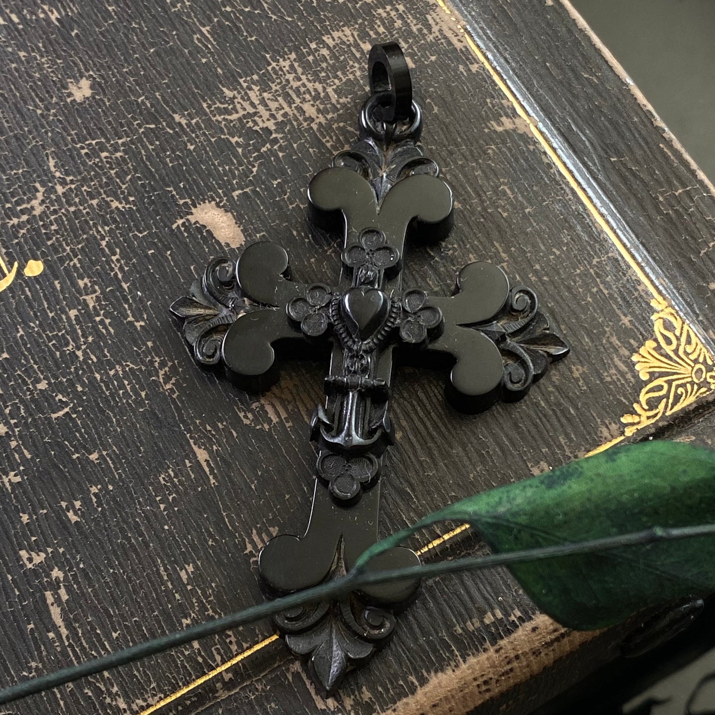 Victorian Faith, Hope & Charity Vulcanite Mourning Cross Pendant