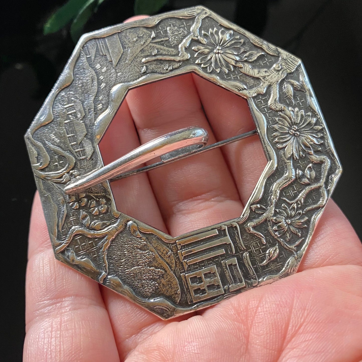 Antique Asian Village Landscape Cherry Blossom Sash Pin Buckle Brooch