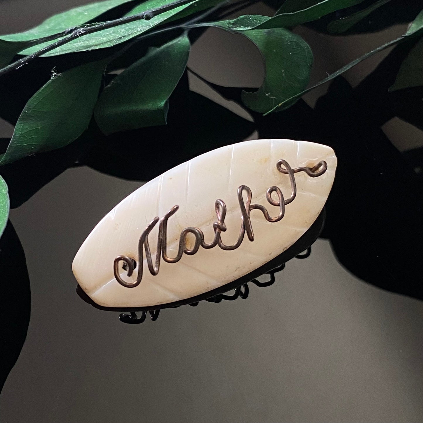 Vintage Carved Shell Leaf Wire “Mother” Brooch