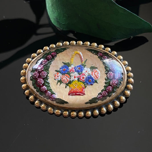 Antique Goofus Glass Flower Bouquet Basket Reverse Intaglio Brooch