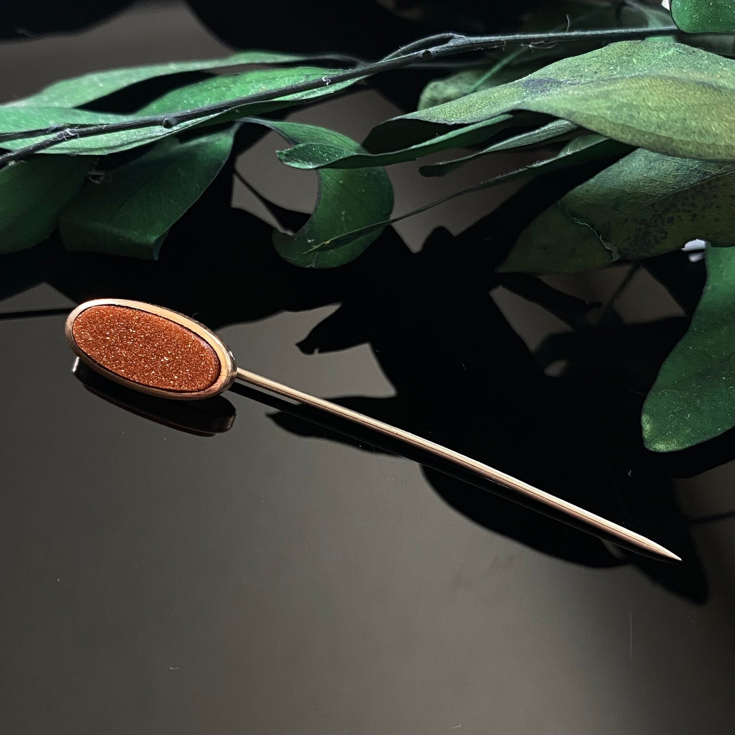 Antique Edwardian Rolled Gold Oval Goldstone Stick Pin
