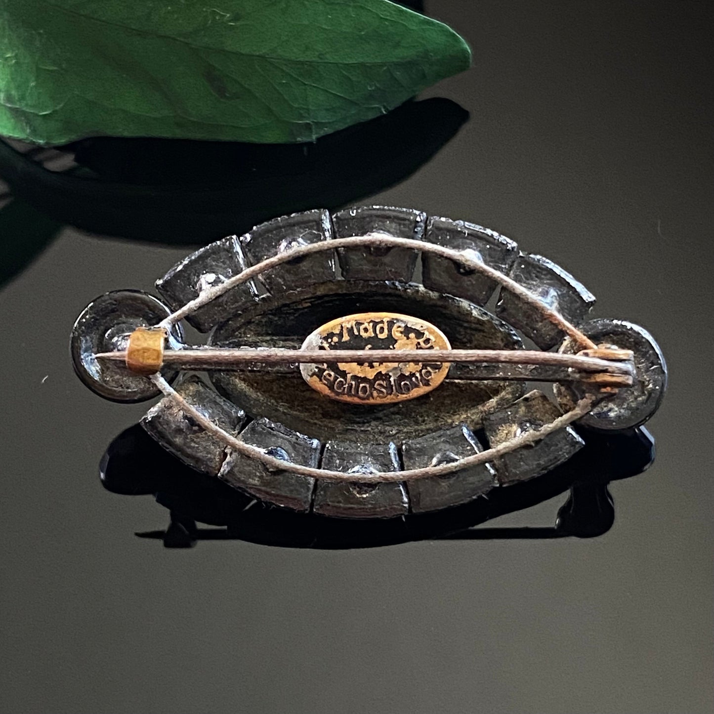 Antique Art Deco Czech Navette Faceted French Jet Glass Mourning Pin Brooch