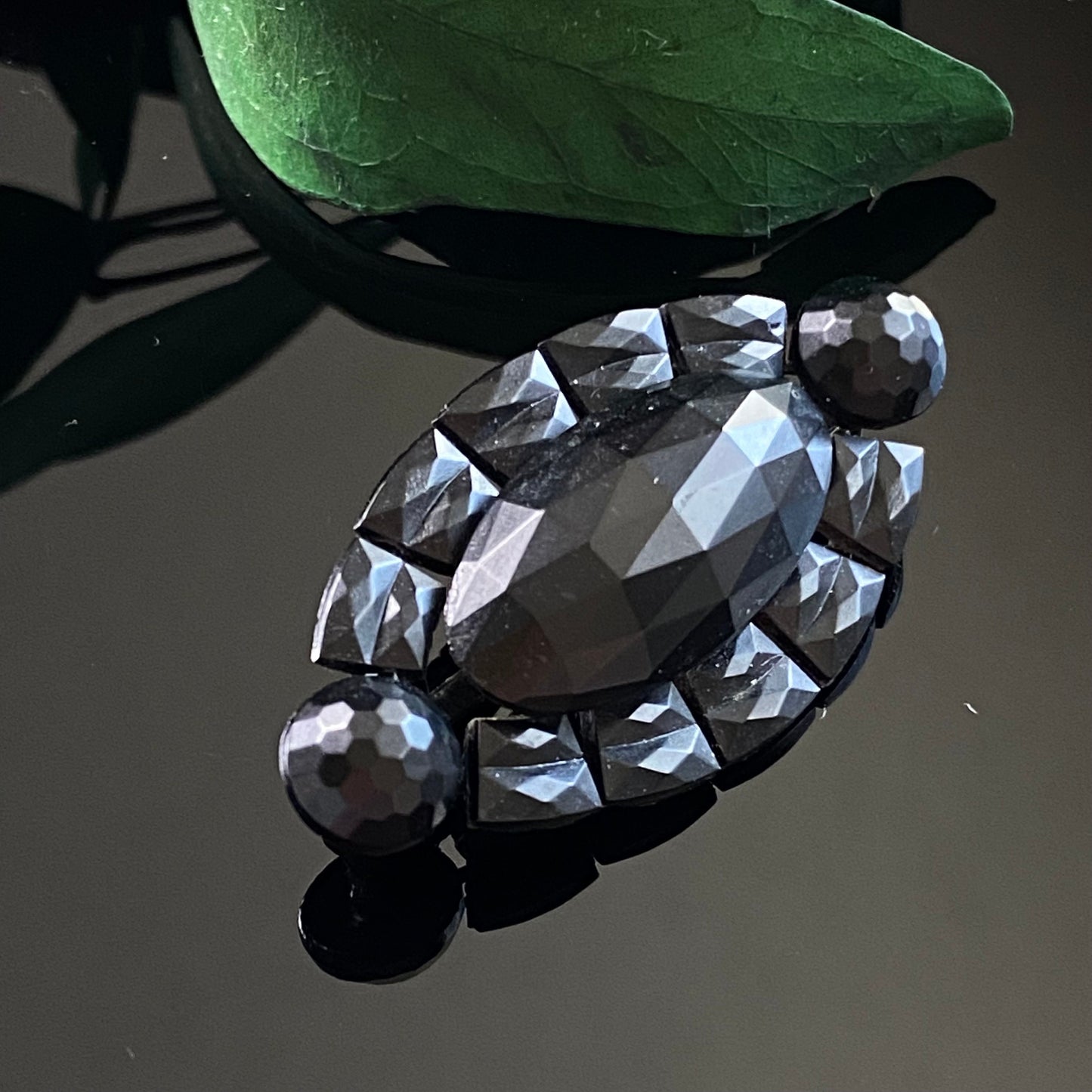 Antique Art Deco Czech Navette Faceted French Jet Glass Mourning Pin Brooch