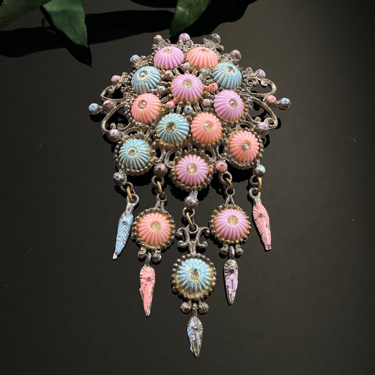 Large Vintage Art Deco Pastel Celluloid Enamel Czech Dangle Brooch