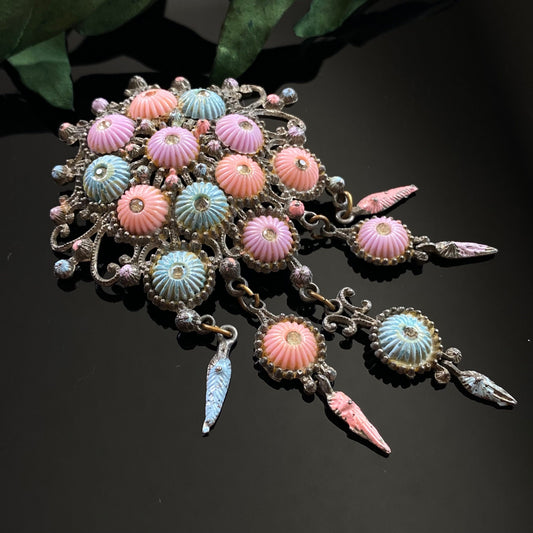 Large Vintage Art Deco Pastel Celluloid Enamel Czech Dangle Brooch