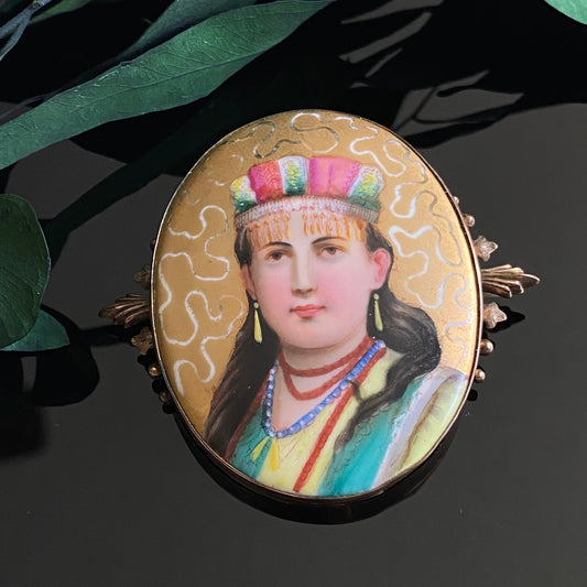 Large Gold Filled Victorian Egyptian Revival Enamel Portrait Brooch